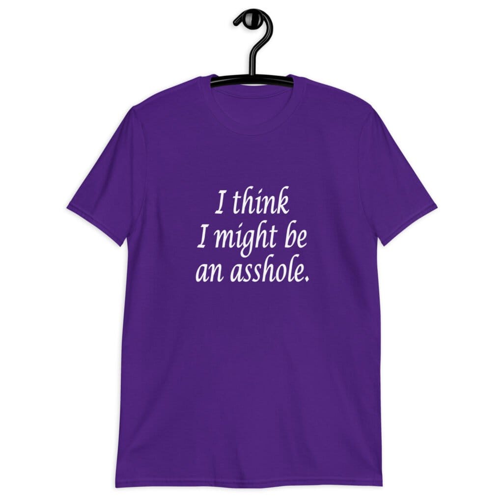Purple t-shirt with the text 'I think I might be an asshole.' printed on the front.