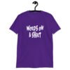Purple t-shirt with the text 'Words on a shirt' printed on the front.