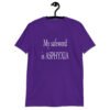 Purple t-shirt with the text 'My safeword is asphyxia' printed on the front.