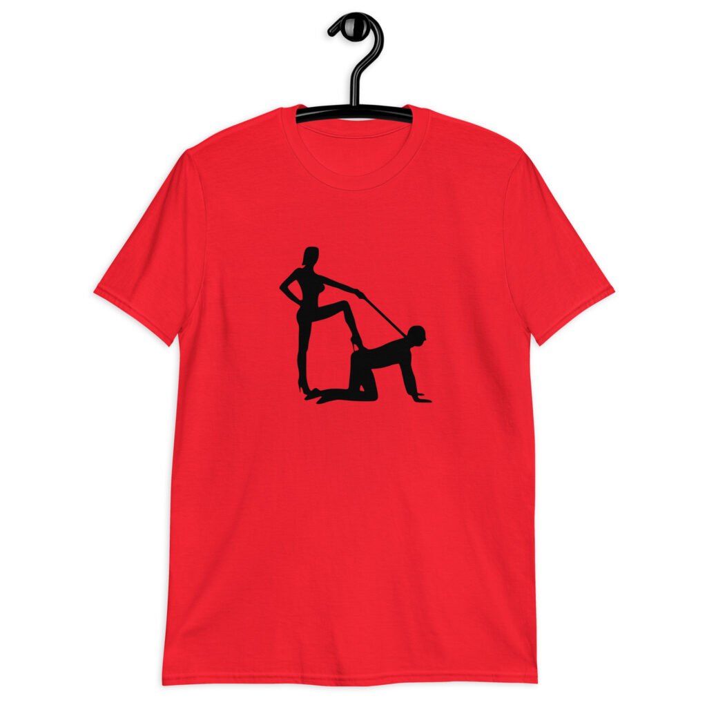 Red bdsm power dynamic shirt with the image of a silhouette of a man on his hands and knees and a dominatrix holding his leash printed on the front.