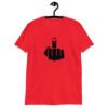 Red t-shirt with an image of middle finger silhouette printed on the front.