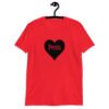 Red t-shirt with a heart image printed on the front. The word 'Penis' is inside the heart.