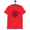 Red t-shirt with image of a pentagram and the text 'I'll pray for you' printed on the front.