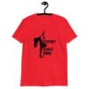 Red stripper humor tshirt with image of pole dancer and the text 'I support single moms' printed on the front.