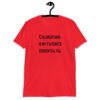 Red t-shirt with the text 'Chloroform is my favorite essential oil' printed on the front.