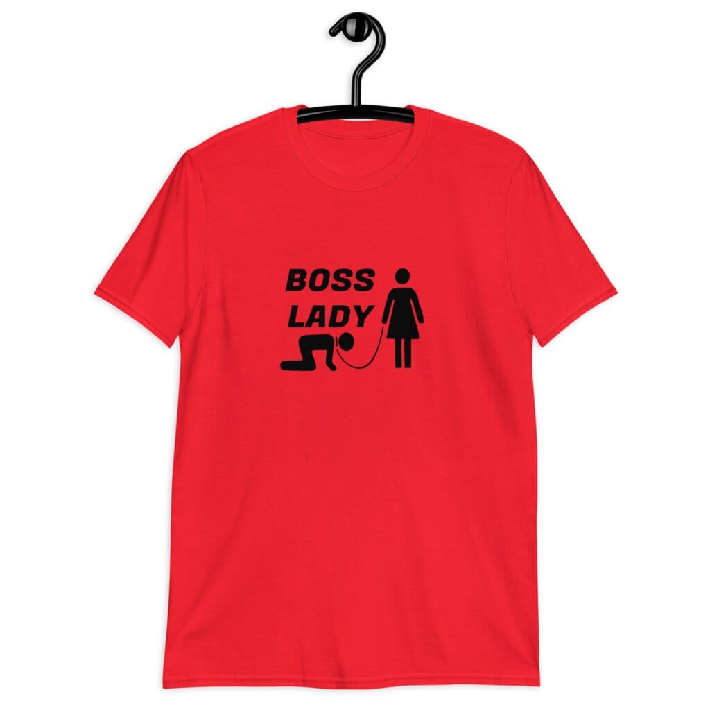 Red t-shirt with graphic of collared and leashed man on his hands and knees being led by a woman and the text 'Boss Lady' printed on the front.