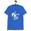 Royal blue stripper humor tshirt with image of pole dancer and the text 'I support single moms' printed on the front.
