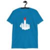 Sapphire blue t-shirt with an image of a middle finger with long red fingernail silhouette printed on the front.