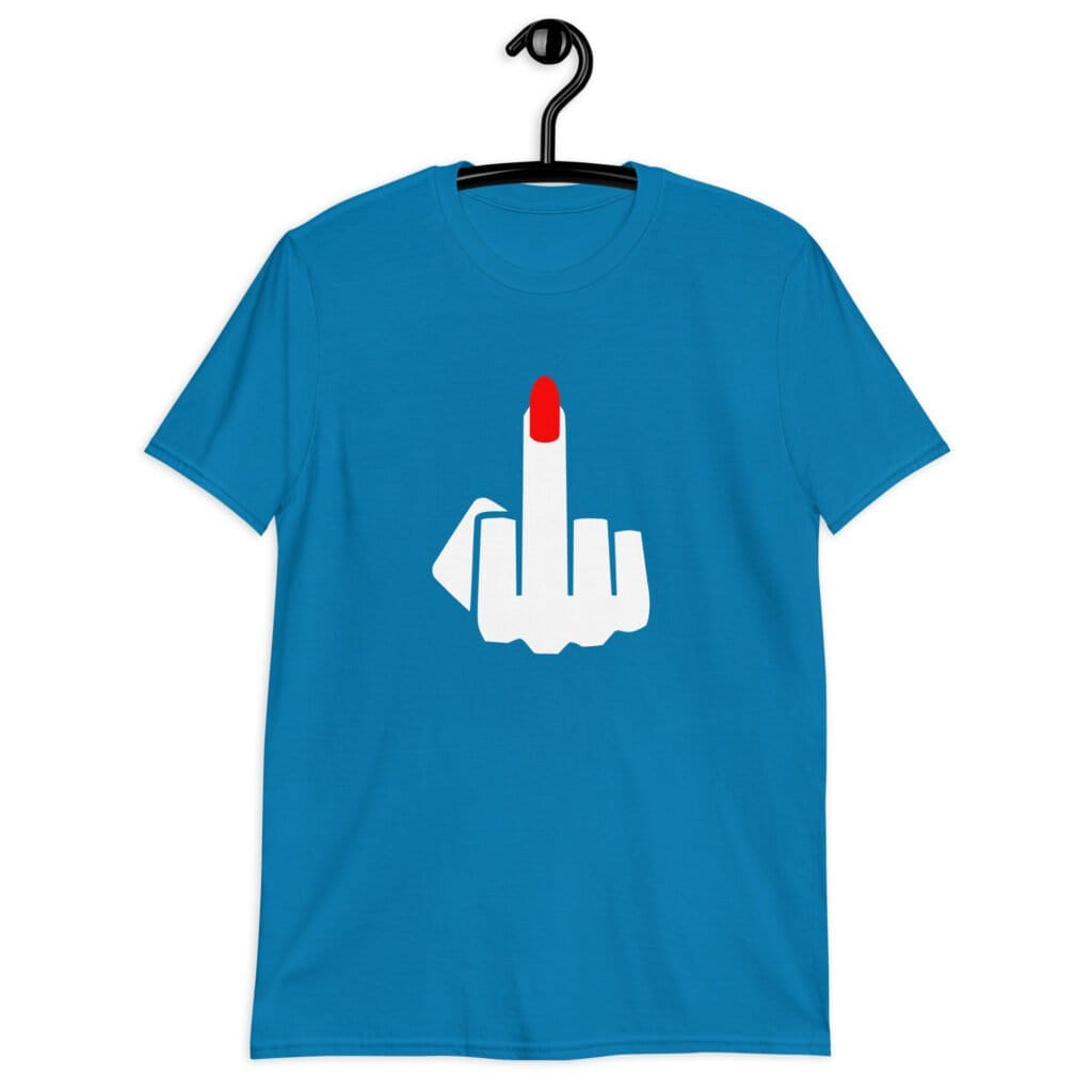Sapphire blue t-shirt with an image of a middle finger with long red fingernail silhouette printed on the front.