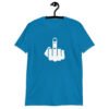 Sapphire blue t-shirt with an image of middle finger silhouette printed on the front.