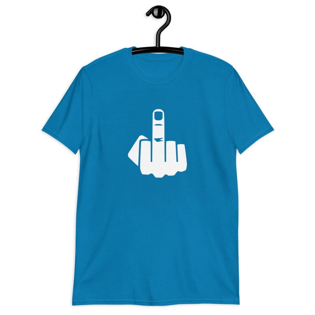 Sapphire blue t-shirt with an image of middle finger silhouette printed on the front.
