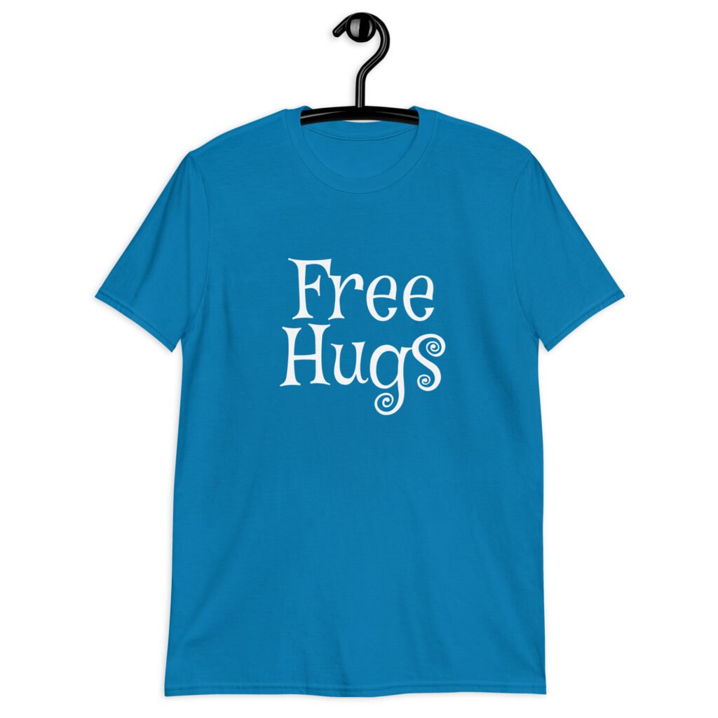 Sapphire blue t-shirt with the text 'Free Hugs' printed on the front.