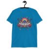 Sapphire blue t-shirt with colorful boho floral design and the test 'Bad vibes only' printed on the front.