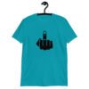 Tropical blue t-shirt with an image of middle finger silhouette printed on the front.