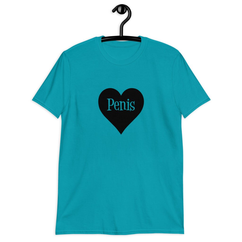 Tropical blue t-shirt with a heart image printed on the front. The word 'Penis' is inside the heart.