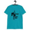 Tropical blue stripper humor tshirt with image of pole dancer and the text 'I support single moms' printed on the front.