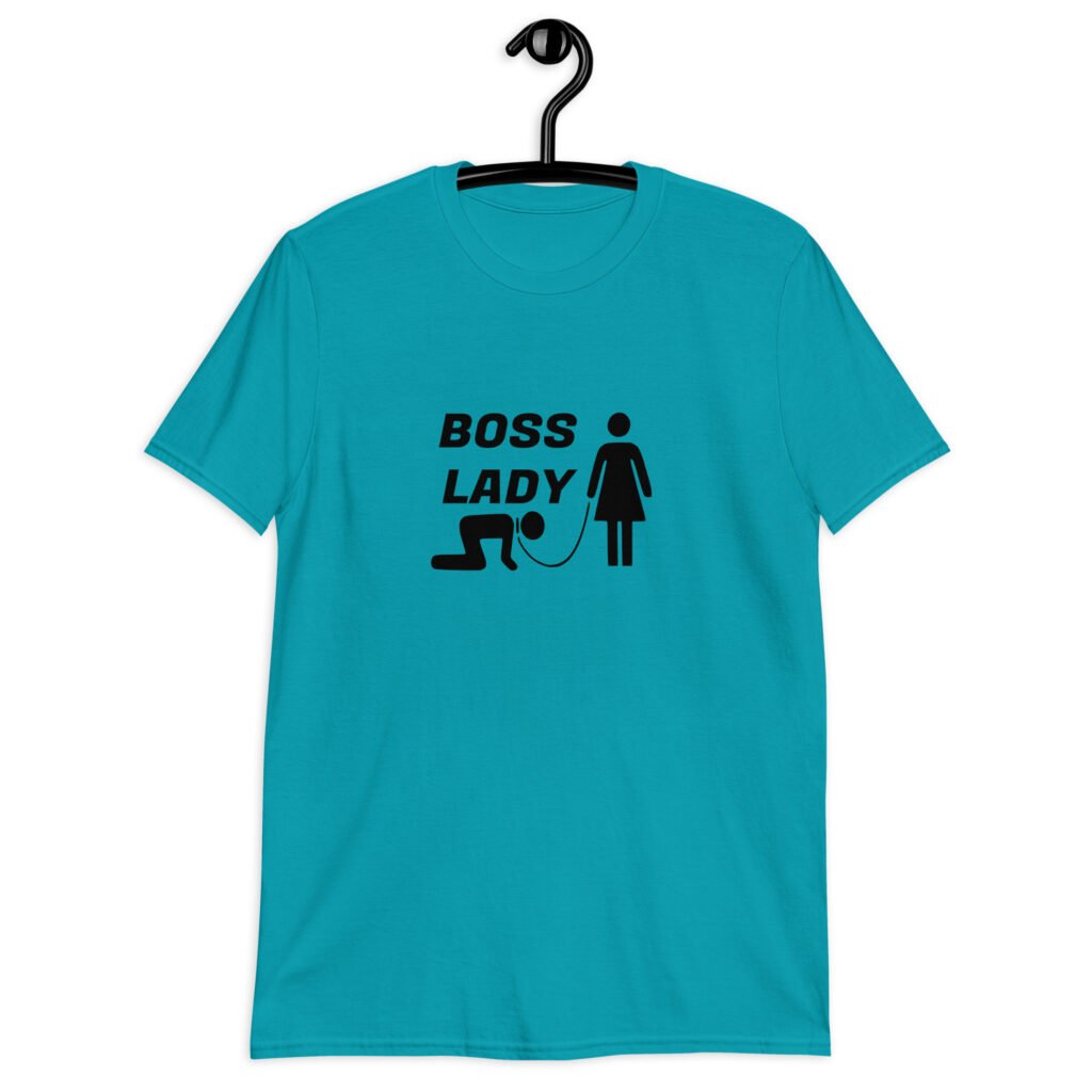Tropical blue t-shirt with graphic of collared and leashed man on his hands and knees being led by a woman and the text 'Boss Lady' printed on the front.