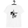 White stripper humor tshirt with image of pole dancer and the text 'I support single moms' printed on the front.