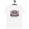 White t-shirt with colorful boho floral design and the test 'Bad vibes only' printed on the front.