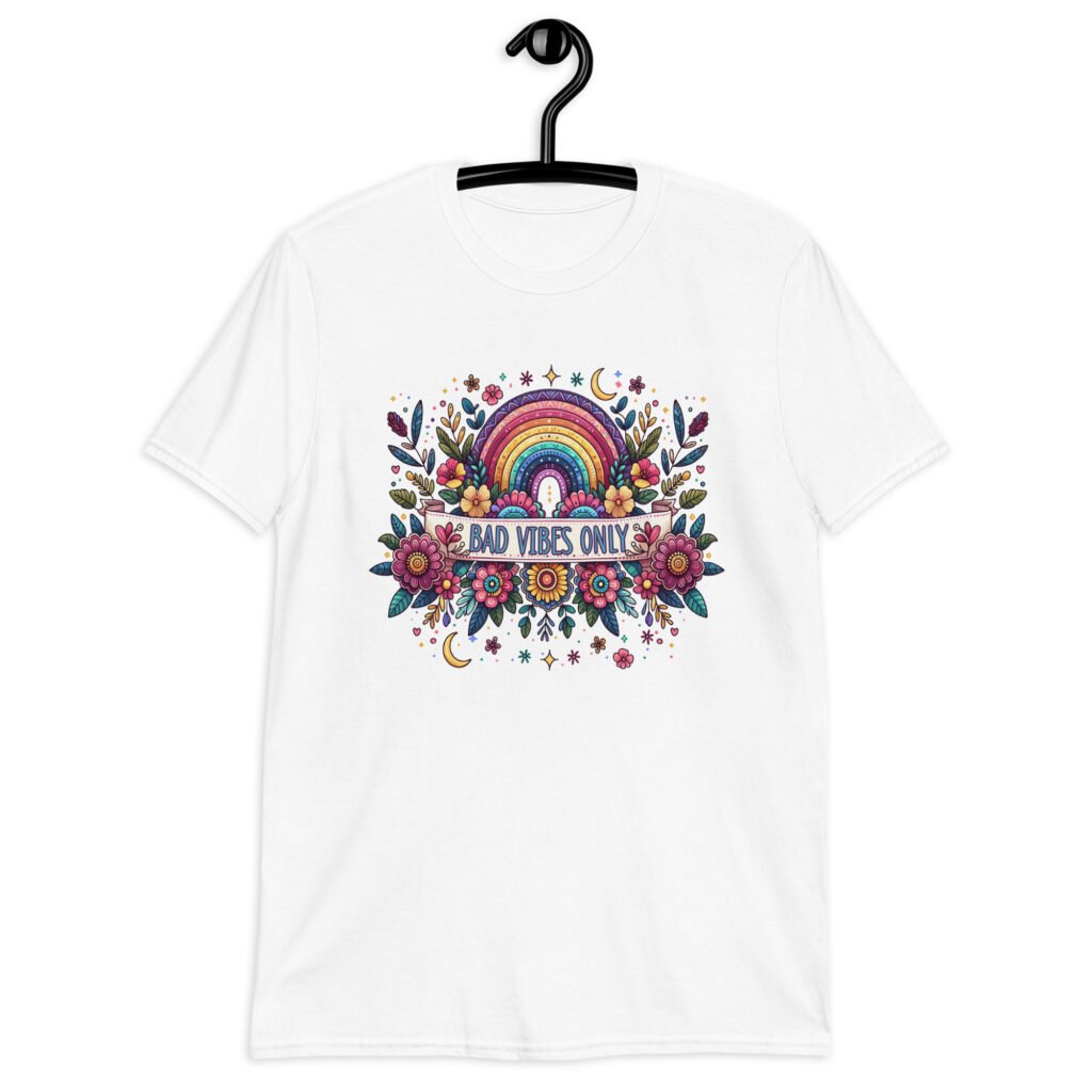 White t-shirt with colorful boho floral design and the test 'Bad vibes only' printed on the front.