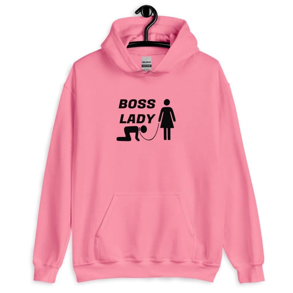Azalea pink hoodie sweatshirt with graphic of collared and leashed man on his hands and knees being led by a woman and the text 'Boss Lady' printed on the front.