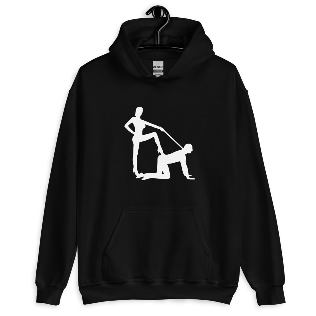Black bdsm power dynamic hoodie with the image of a silhouette of a man on his hands and knees and a dominatrix holding his leash printed on the front.