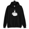 Black hoodie sweatshirt with an image of middle finger silhouette printed on the front.