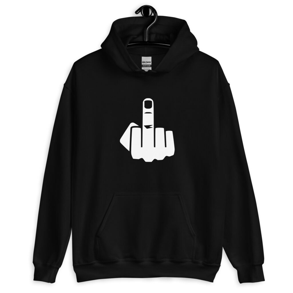 Black hoodie sweatshirt with an image of middle finger silhouette printed on the front.