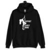 Black stripper humor hoodie sweatshirt with image of pole dancer and the text 'I support single moms' printed on the front.