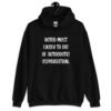 Black hoodie sweatshirt with the hood up covering some of her face. The hoodie has the text 'Voted most likely to die of autoerotic asphyxiation.' printed on the front.