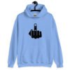 Carolina blue hoodie sweatshirt with an image of middle finger silhouette printed on the front.