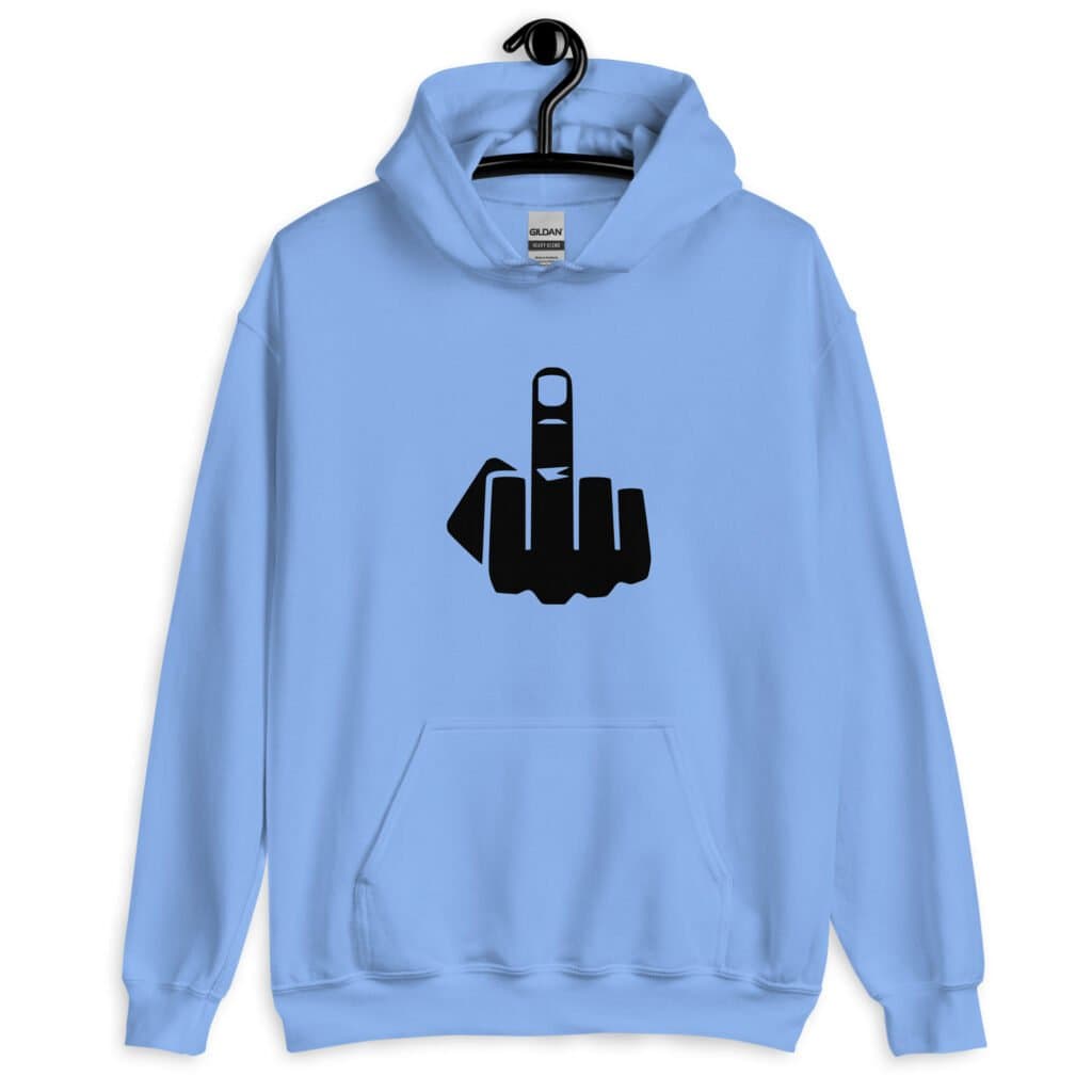 Carolina blue hoodie sweatshirt with an image of middle finger silhouette printed on the front.