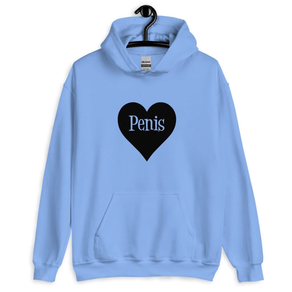 Carolina blue hoodie sweatshirt with a heart image printed on the front. The word 'Penis' is inside the heart.