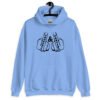 Carolina blue hoodie sweatshirt with an image of 2 line drawing hands with the middle fingers up. The word 'Thoughts' is printed on one middle finger and the word 'Prayers' is printed on the other middle finger. The graphics are printed on the front.