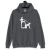 Dark heather grey bdsm power dynamic hoodie with the image of a silhouette of a man on his hands and knees and a dominatrix holding his leash printed on the front.