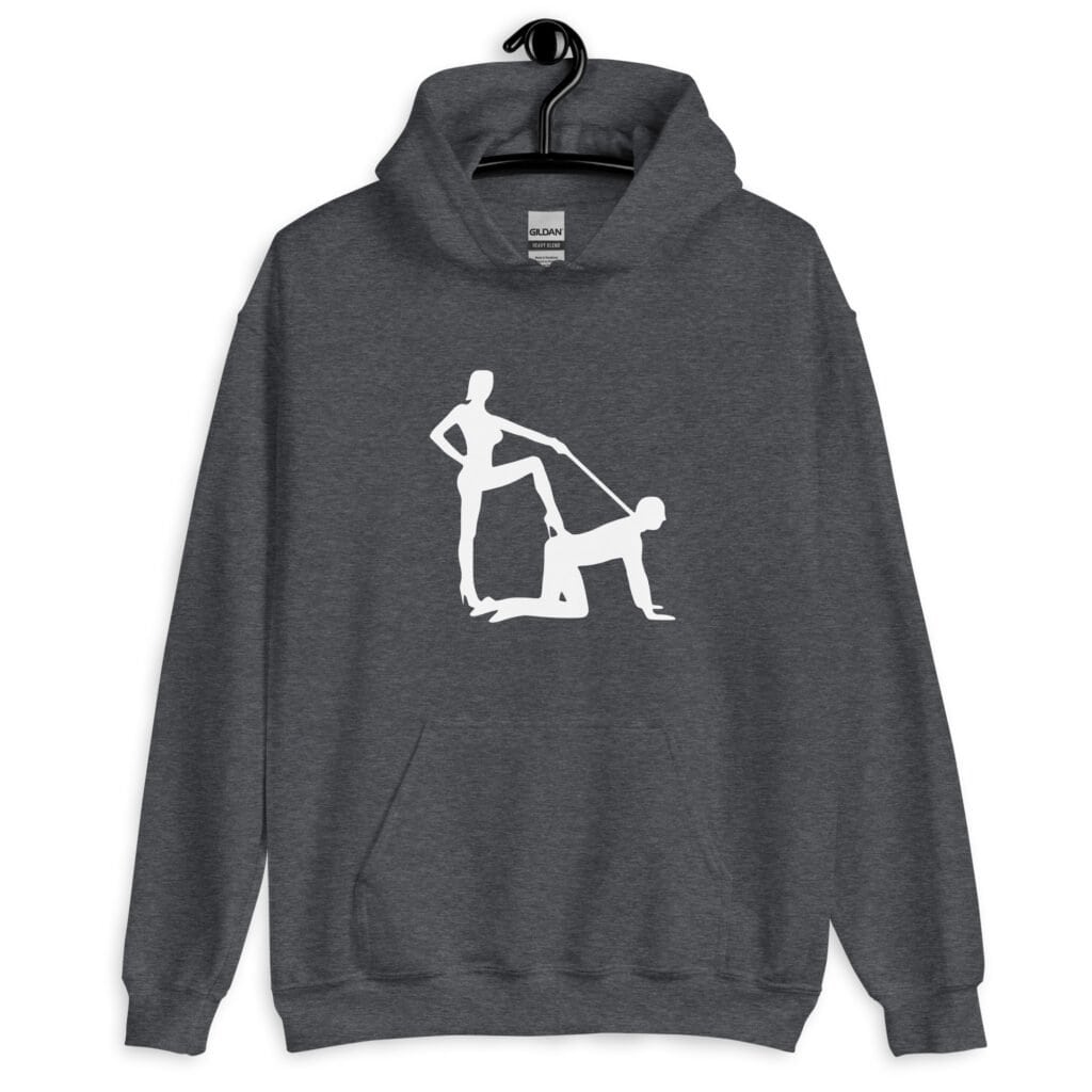 Dark heather grey bdsm power dynamic hoodie with the image of a silhouette of a man on his hands and knees and a dominatrix holding his leash printed on the front.