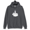 Dark h eathr grey hoodie sweatshirt with an image of middle finger silhouette printed on the front.