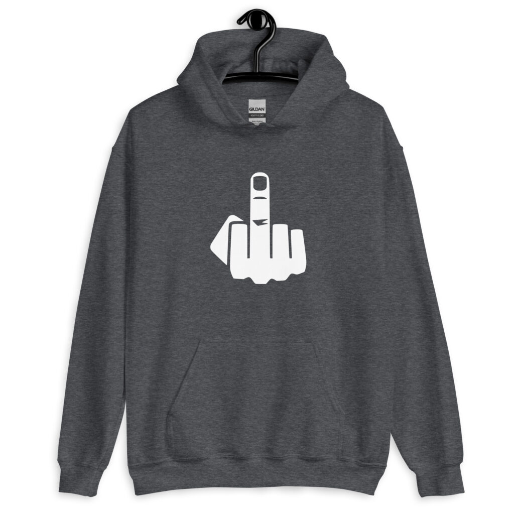 Dark h eathr grey hoodie sweatshirt with an image of middle finger silhouette printed on the front.