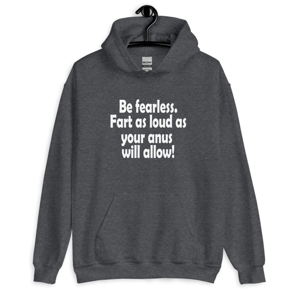 Dark heather grey hoodie sweatshirt with the text 'Be fearless. Fart as loud as your anus will allow!' printed on the front.