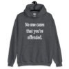 Dark heather grey hoodie sweatshirt with the text 'No one cares that you're offended.' printed on the front.
