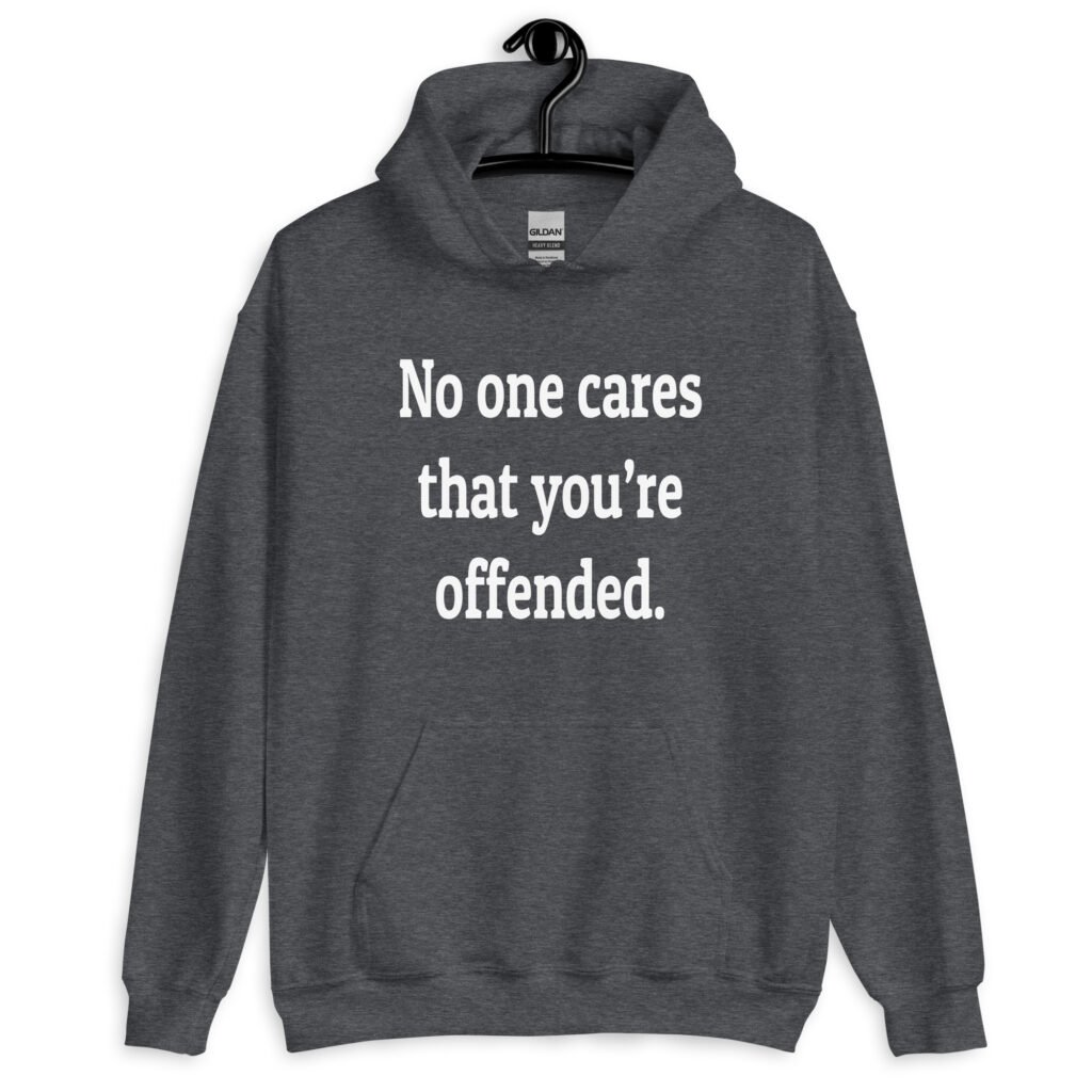 Dark heather grey hoodie sweatshirt with the text 'No one cares that you're offended.' printed on the front.
