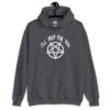 Dark heather grey hoodie sweatshirt with image of a pentagram and the text 'I'll pray for you' printed on the front.