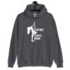 Dark heather grey stripper humor hoodie sweatshirt with image of pole dancer and the text 'I support single moms' printed on the front.