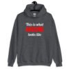 Dark heather grey hoodie sweatshirt with the text 'This is what AWESOME looks like' printed on the front.