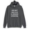 Dark heather grey hoodie sweatshirt with the hood up covering some of her face. The hoodie has the text 'Voted most likely to die of autoerotic asphyxiation.' printed on the front.