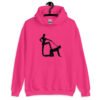 Heliconia pink bdsm power dynamic hoodie with the image of a silhouette of a man on his hands and knees and a dominatrix holding his leash printed on the front.