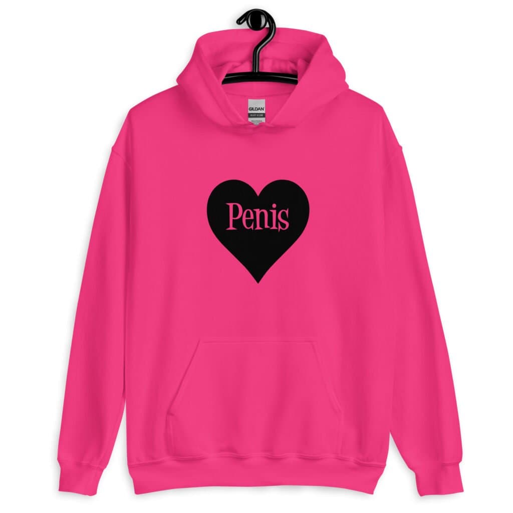 Heliconia pink hoodie sweatshirt with a heart image printed on the front. The word 'Penis' is inside the heart.
