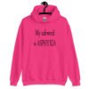 Heliconia pink hoodie sweatshirt with the text 'My safeword is asphyxia' printed on the front.