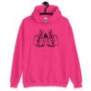 Heliconia pink hoodie sweatshirt with an image of 2 line drawing hands with the middle fingers up. The word 'Thoughts' is printed on one middle finger and the word 'Prayers' is printed on the other middle finger. The graphics are printed on the front.