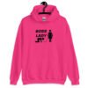 Heliconia pink hoodie sweatshirt with graphic of collared and leashed man on his hands and knees being led by a woman and the text 'Boss Lady' printed on the front.